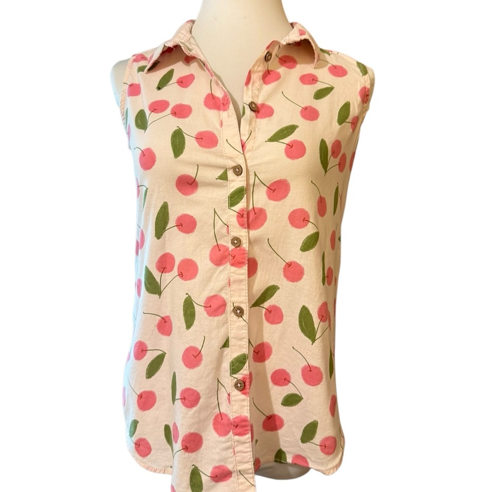 Retro Style Pink Cherry Print Sleeveless Camp Shirt